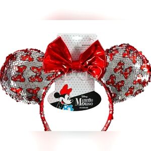 NWT Disney Minnie Mouse Ears Headband w/Red metallic bow and reversible sequins